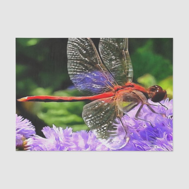Rote Libelle auf Violet Purple Blumen Seidenpapier (Vorderseite)