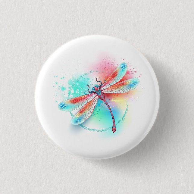 Rote Libelle auf Wasserfarbenhintergrund Button (Vorderseite)