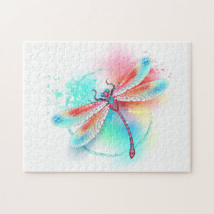 Rote Libelle im Aquarellhintergrund