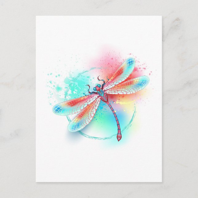 Rote Libelle im Aquarellhintergrund Ankündigungspostkarte (Vorderseite)