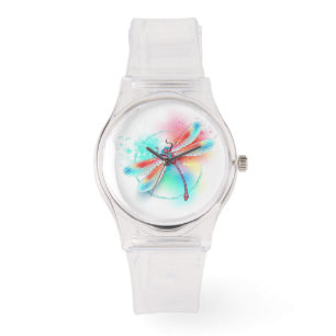 Rote Libelle im Aquarellhintergrund Armbanduhr