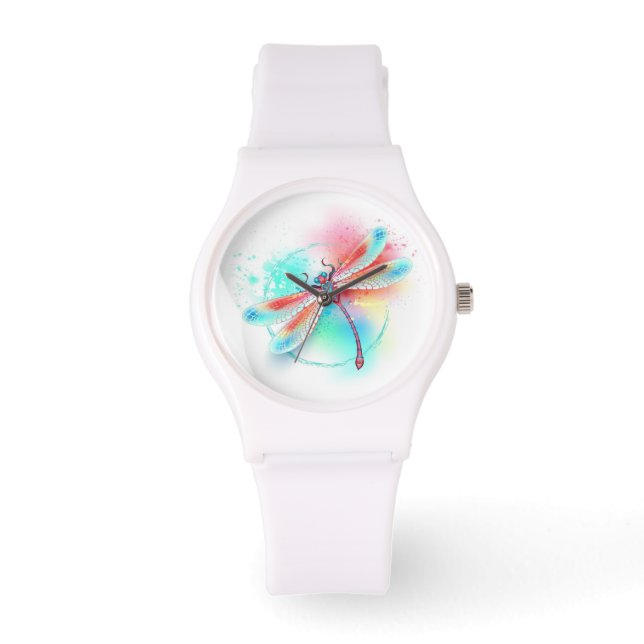 Rote Libelle im Aquarellhintergrund Armbanduhr (Vorderseite)