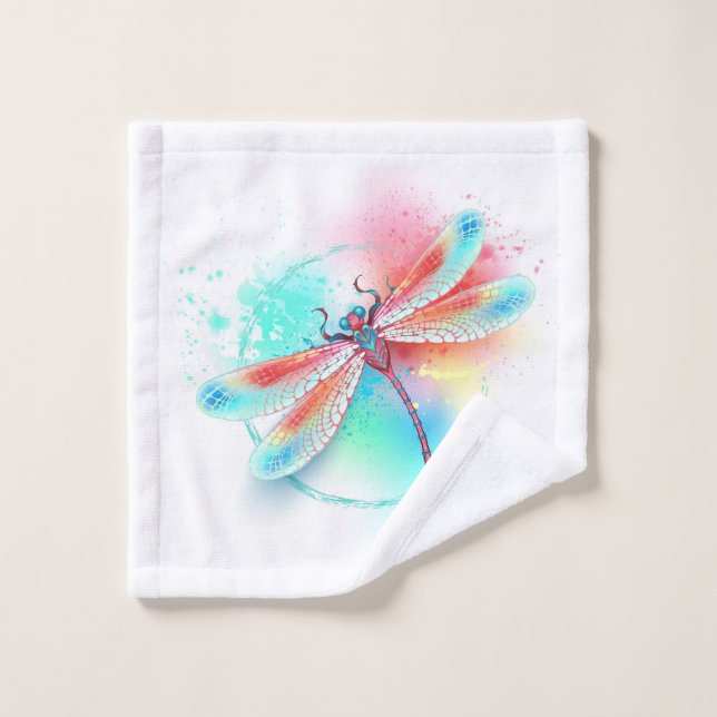 Rote Libelle im Aquarellhintergrund Badhandtuch Set (Waschlappen)