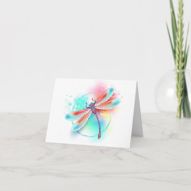 Rote Libelle im Aquarellhintergrund Dankeskarte (Vorderseite)