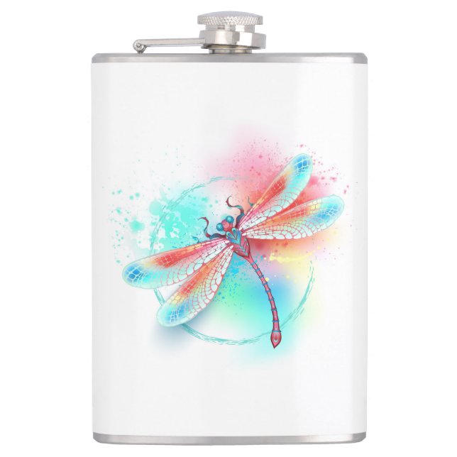 Rote Libelle im Aquarellhintergrund Flachmann (Vorderseite)