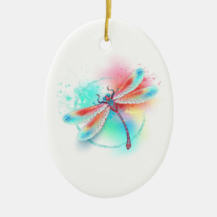Rote Libelle im Aquarellhintergrund Keramik Ornament