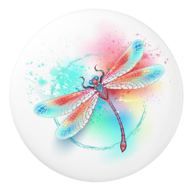 Rote Libelle im Aquarellhintergrund Keramikknauf (Vorderseite)
