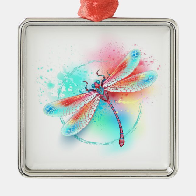 Rote Libelle im Aquarellhintergrund Ornament Aus Metall (Vorne)