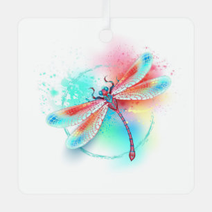Rote Libelle im Aquarellhintergrund Ornament Aus Metall