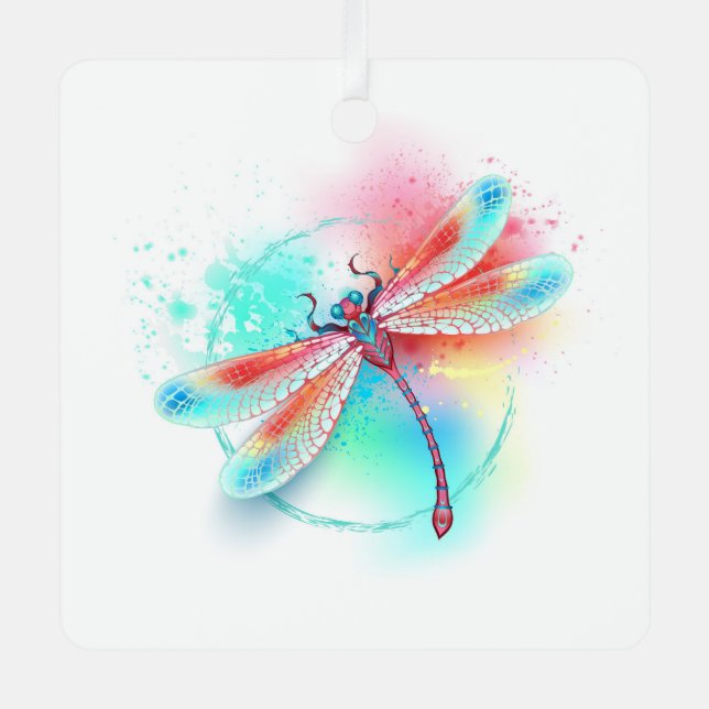 Rote Libelle im Aquarellhintergrund Ornament Aus Metall (Vorderseite)