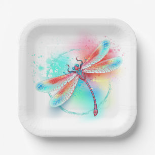 Rote Libelle im Aquarellhintergrund Pappteller