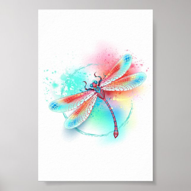 Rote Libelle im Aquarellhintergrund Poster (Vorne)