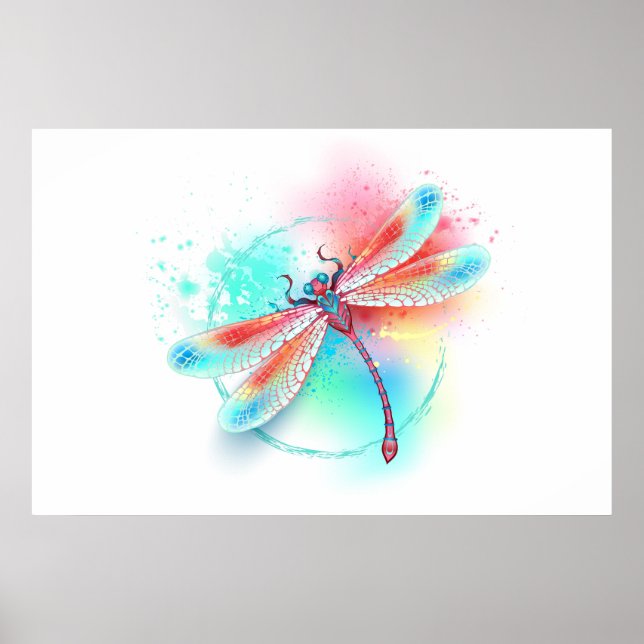 Rote Libelle im Aquarellhintergrund Poster (Vorne)