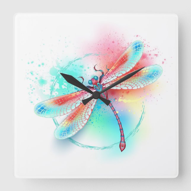 Rote Libelle im Aquarellhintergrund Quadratische Wanduhr (Vorderseite)