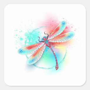 Rote Libelle im Aquarellhintergrund Quadratischer Aufkleber