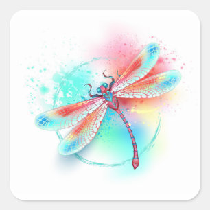 Rote Libelle im Aquarellhintergrund Quadratischer Aufkleber