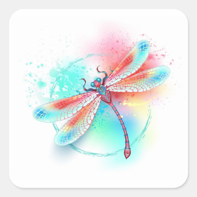 Rote Libelle im Aquarellhintergrund Quadratischer Aufkleber (Vorderseite)