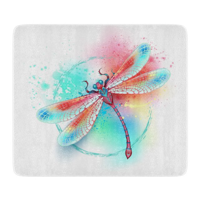 Rote Libelle im Aquarellhintergrund Schneidebrett (Vorderseite)