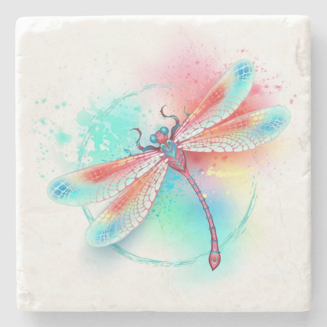 Rote Libelle im Aquarellhintergrund Steinuntersetzer (Vorderseite)
