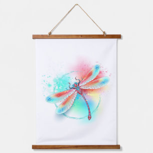 Rote Libelle im Aquarellhintergrund Wandteppich Mit Holzrahmen