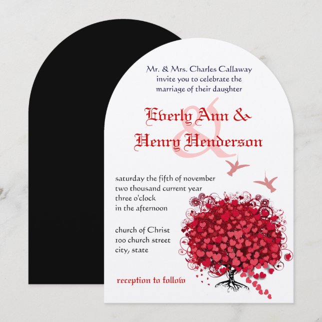 Rote Liebe Bäume Vögel 5 x 7 Einladung Hochzeit (Vorne/Hinten)