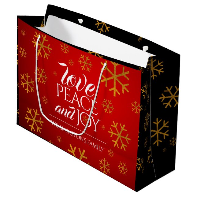 Rote Liebe, Frieden und Freude mit Schneeflocken Große Geschenktüte (Vorderseite Schrägansicht)