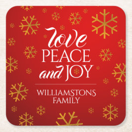 Rote Liebe, Frieden und Freude mit Schneeflocken Rechteckiger Pappuntersetzer