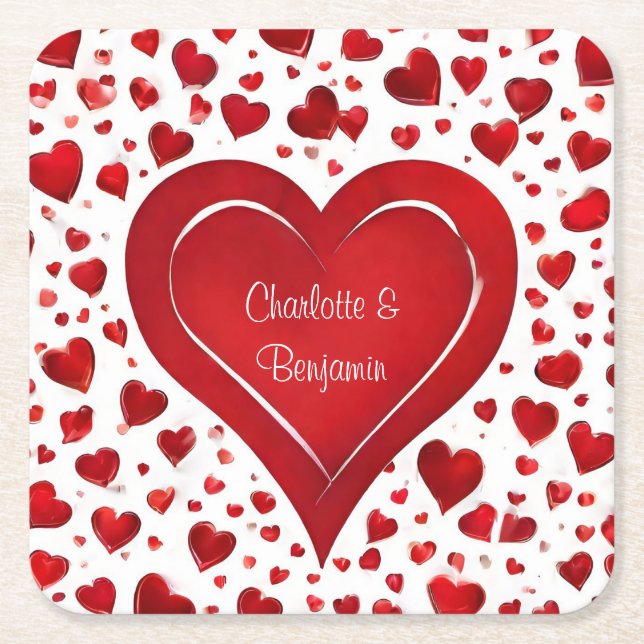 Rote Liebe Herz | Name Valentines Party Rechteckiger Pappuntersetzer (Vorderseite)