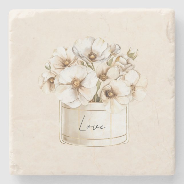 Röte Liebe Hübsche Weiße Blumen Steinuntersetzer (Vorderseite)