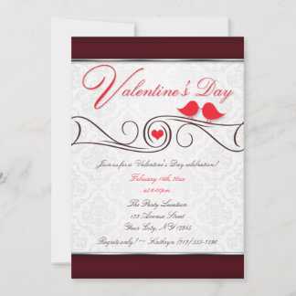 Rote Liebe Vögel Damask Valentinstag Einladungen