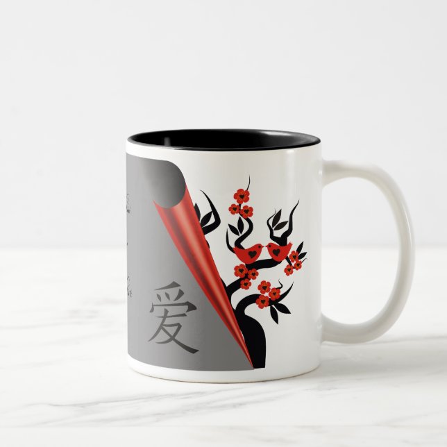 Rote Liebesvögel auf Sakura Tasse (Rechts)