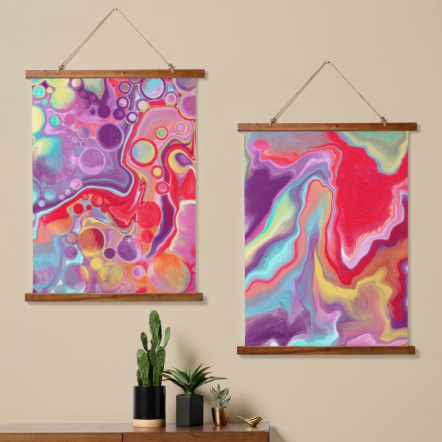 Rote, Lila und blaue Marmorflüssigkeit Kunst Wandteppich Mit Holzrahmen (Asymmetrisch)