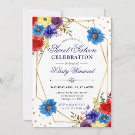 Rote, Lila und blaue Sommer-Blume Rahmen Sweet 16 Einladung