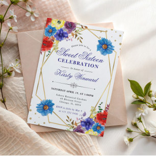Rote, Lila und blaue Sommer-Blume Rahmen Sweet 16 Einladung