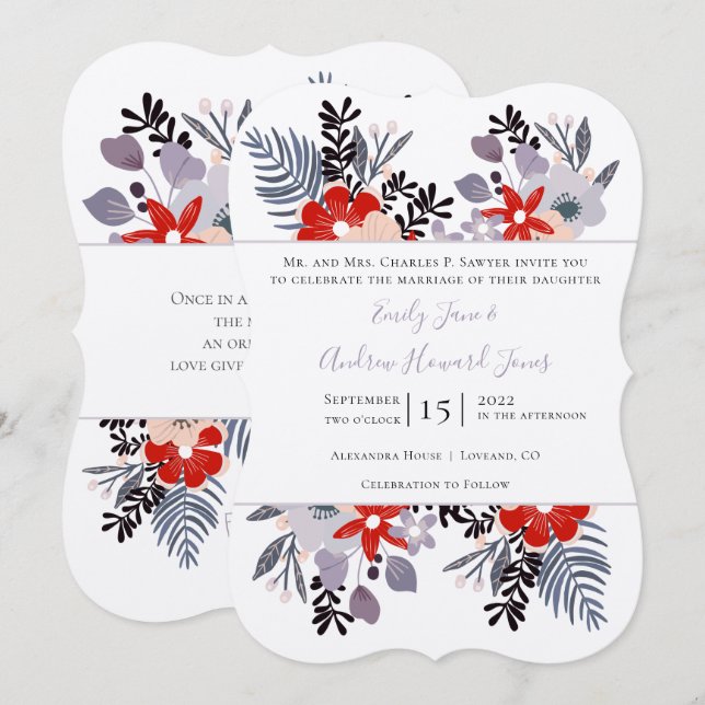 Rote Lila und Millenniums-Floral Ferns Typografie Einladung (Vorne/Hinten)