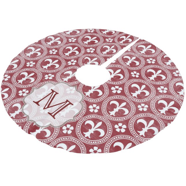 Rote Lilie Frenc Monogram, Initial Tree Skirt Polyester Weihnachtsbaumdecke (Schrägansicht)