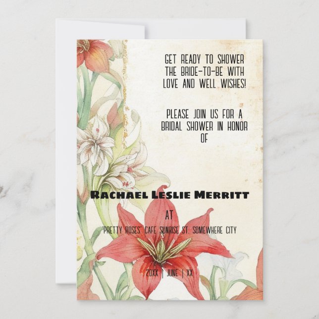 Rote Lilien Ephemera Brautparty Einladung (Vorderseite)