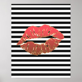 Rote Lippen Imitate Gold auf schwarzen und weißen  Poster