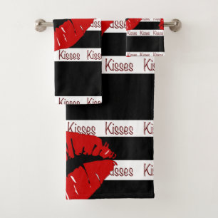 Rote Lippen Kisses Black Strip Badetuch Set