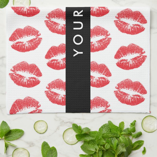 Rote Lippen, Kuss, Lipstick, Ihr Name, Personalisi Geschirrtuch (Gefaltet)