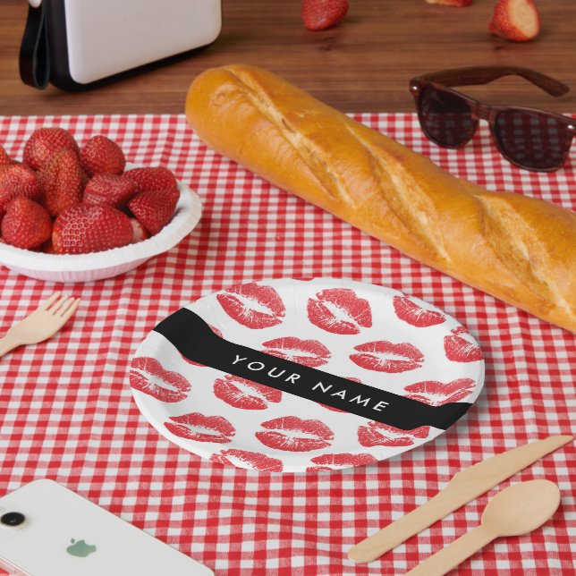Rote Lippen, Kuss, Lipstick, Ihr Name, Personalisi Pappteller (Picknick)