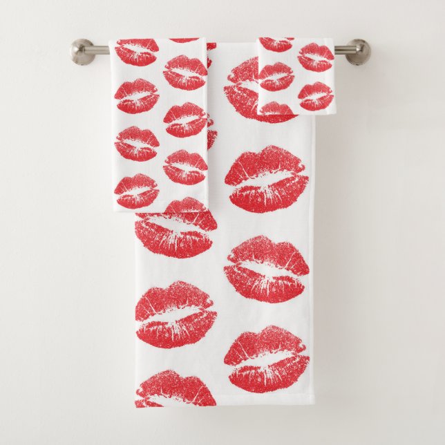 Rote Lippen, Lippenmuster, Roter Lippenstift, Kuss Badhandtuch Set (Insitu)