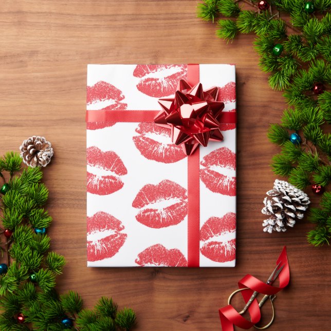 Rote Lippen, Lippenmuster, Roter Lippenstift, Kuss Geschenkpapier (Feiertagsgeschenk)