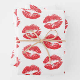 Rote Lippen, Lippenmuster, Roter Lippenstift, Kuss Geschenkpapier Set