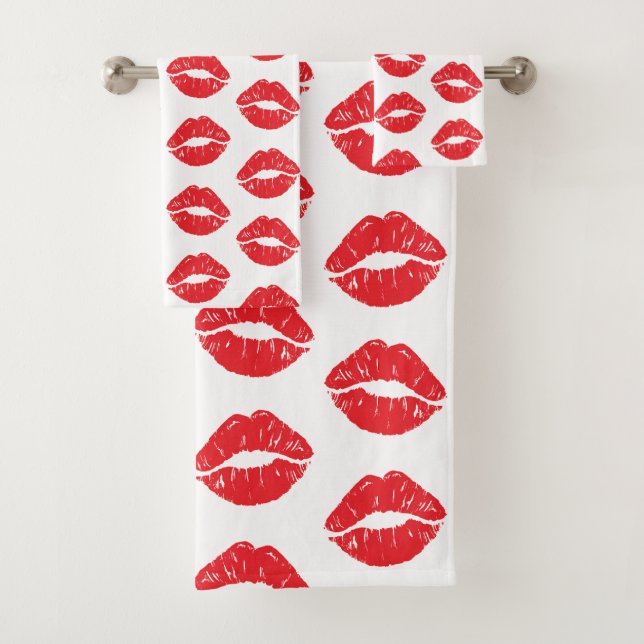 Rote Lippen, roter Lippenstift, Kuss, Lippenmuster Badhandtuch Set (Insitu)