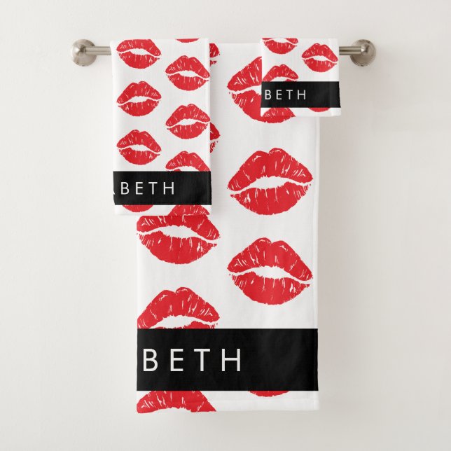 Rote Lippen, roter Lippenstift, Lippenmuster, Ihr  Badhandtuch Set (Insitu)