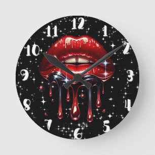 Rote Lippen tropfen Glitter Glam Funkeln Geburtsta Runde Wanduhr