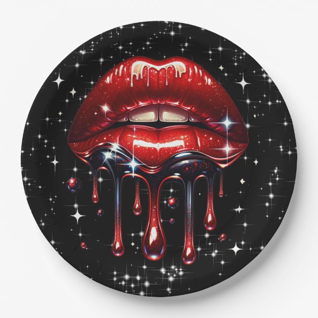 Rote Lippen Tropfen Glitzer Glam Sparkle Geburtsta Pappteller (Vorderseite)
