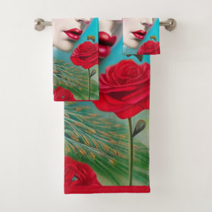 Rote Lippen und Rose Pfau Abstrakt Badhandtuch Set