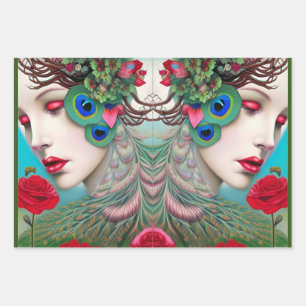 Rote Lippen und Rose Pfau Abstrakt Geschenkpapier Set